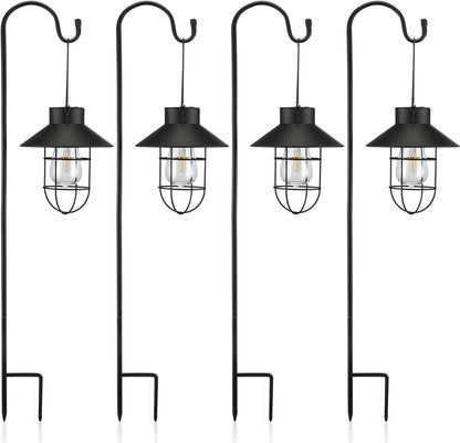 Retisee 4 Pcs Hanging Solar Light 31" Outdoor Solar Lamp Lanterns with Dual Use Shepherd Hook Waterproof Pathway Hanging Lights Metal Garden Lantern for Path Patio Yard Lawn Driveway Markers (Black)