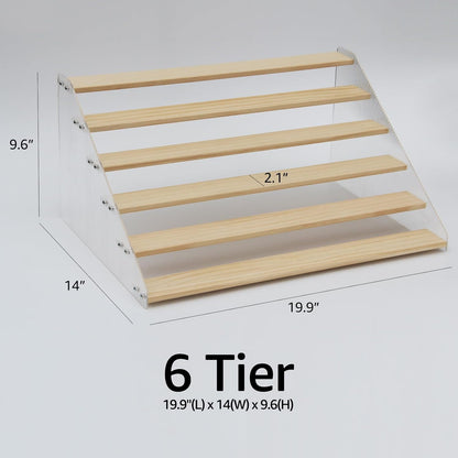 nianfeng Tiered Spice Rack, 6-Tier Spice Pantry Kitchen Cabinet Organizer, 19.9-Inch, Natural Wood Acrylic Stair Riser Stand, Countertop Seasoning Shelf