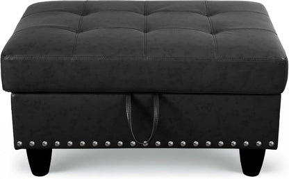 Ottoman Rectangular Storage Ottoman Bench, Faux Leather Footrest, Coffee Table, Stool Footstool with Hinged Lid for Living Room, Bedroom, Entryway, Black, 28.5"x19"x17.5"