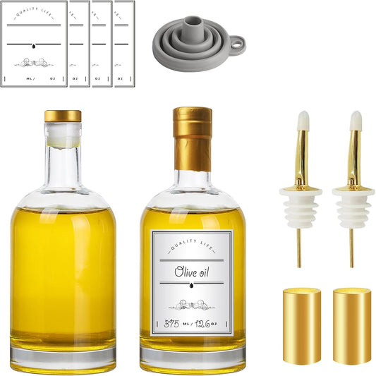 Olive Oil Dispenser Bottle for Kitchen, Clear Glass Oil and Vinegar Dispenser Set, Coffee Syrup Dispenser, Container With Metal Pour Spout, Airtight Lid, Funnel, Waterproof Labels (375ml-2 Pack)
