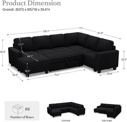 Belffin Corduroy Sleeper Sofa Bed with Storage Chaise Modular Sectional Sofa Couch with Pull Out Bed L Shaped Sectional Couches for Living Room Black Couch