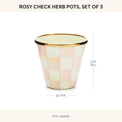MACKENZIE-CHILDS Enamel Herb Pots, Small Plant Pots for Herbs or Flowers, Set of 3, Pink-and-White Rosy Check