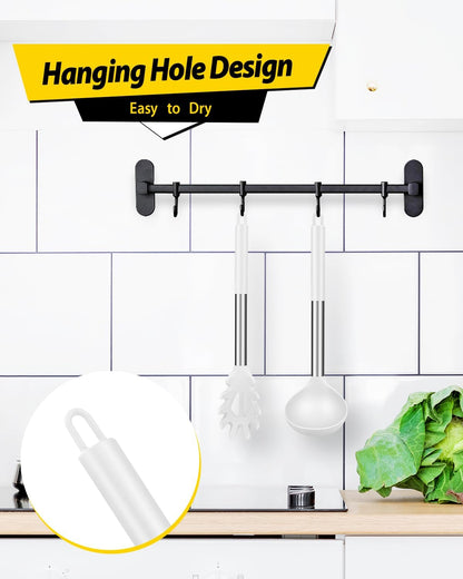 Silicone Pasta Fork and Ladle Spoon Set, Large Non Stick Kitchen Utensils for Cooking,Stirring,Serving Spaghetti, Soup, Sauce (WHITE)