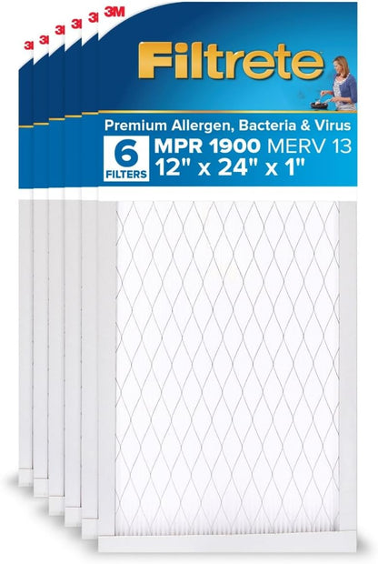 Filtrete 12x24x1 AC Furnace Air Filter, MERV 13, MPR 1900, Premium Allergen, Bacteria & Virus Filter, 3-Month Pleated 1-Inch Electrostatic Air Cleaning Filter, 6-Pack (Actual Size 11.69x23.69x0.78 in)
