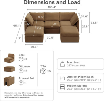 mopio Oversized Modular Sectional Sofa with Fully Removable Covers and Storage, Convertible U, L-Shaped and Sleeper Sectional, Modern Couches with Ottoman Chaise (Hazelnut Velvet, 5 Seats, U)