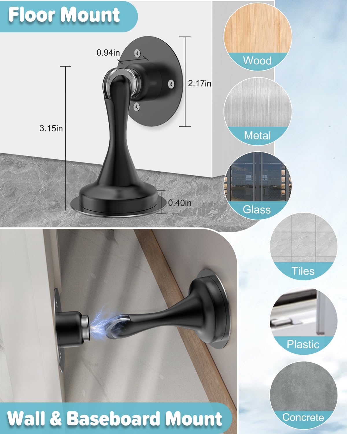 Door Stoppers Magnetic Door Catch - 4 Pack Stainless Steel Heavy Duty Door Stops for Bottom of Door, Wall & Floor Mounting No-Drill Strong Adhesive & Screws, Strong Door Holder to Keep Door Open