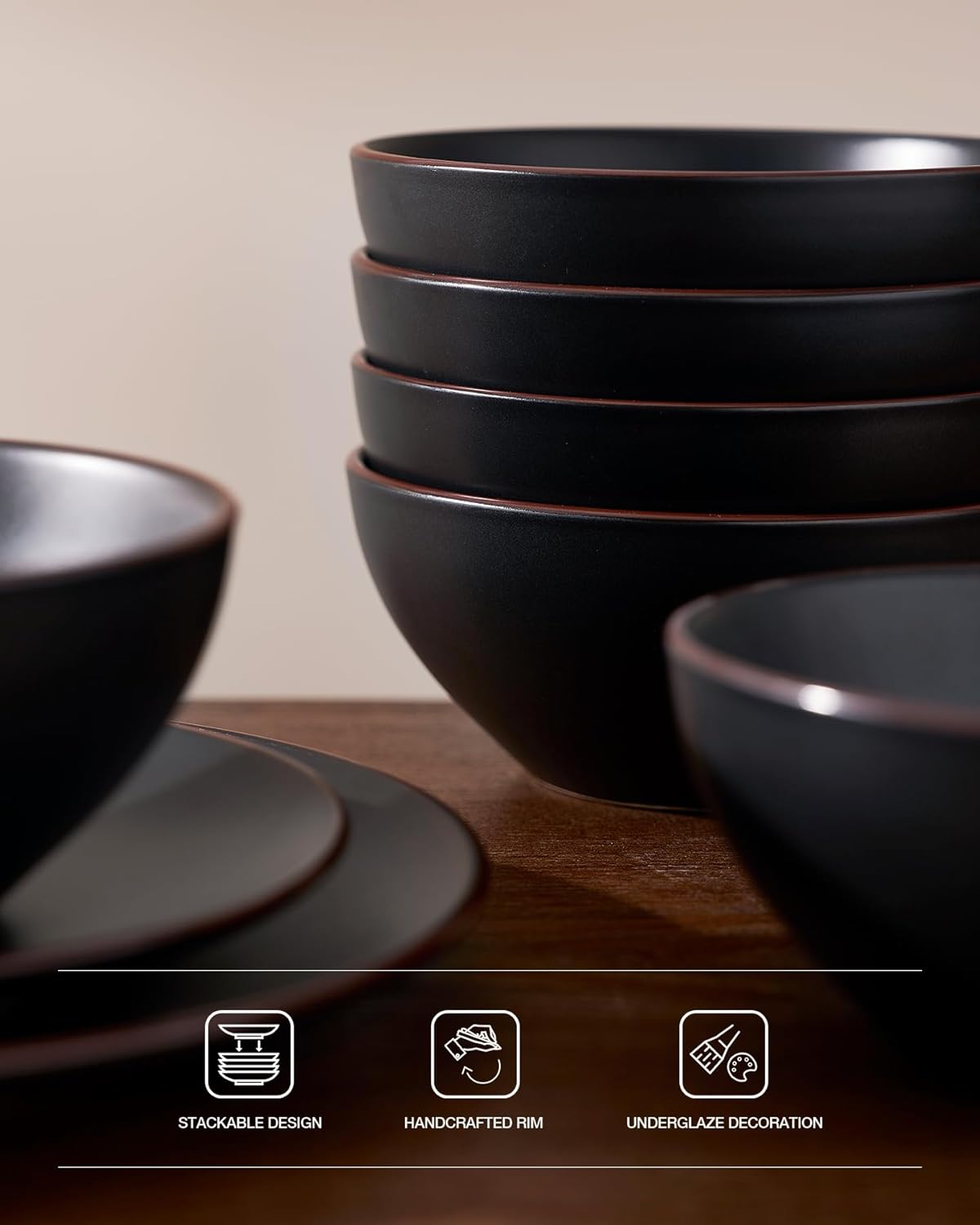 Famiware Venus Plates and Bowls Sets, 12 Pieces Stoneware Dinnerware Sets, Dishes Set for 4, Microwave and Dishwasher Safe, Matte Black