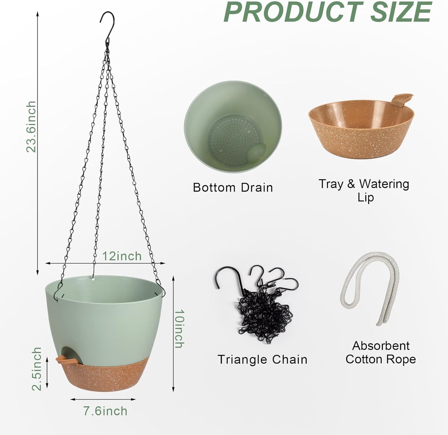 Hanging Planters for Indoor Outdoor Plants, 1 Set Self Watering Hanging Pot with Drainage Holes & Removable Tray (Green-12inch, 12'')