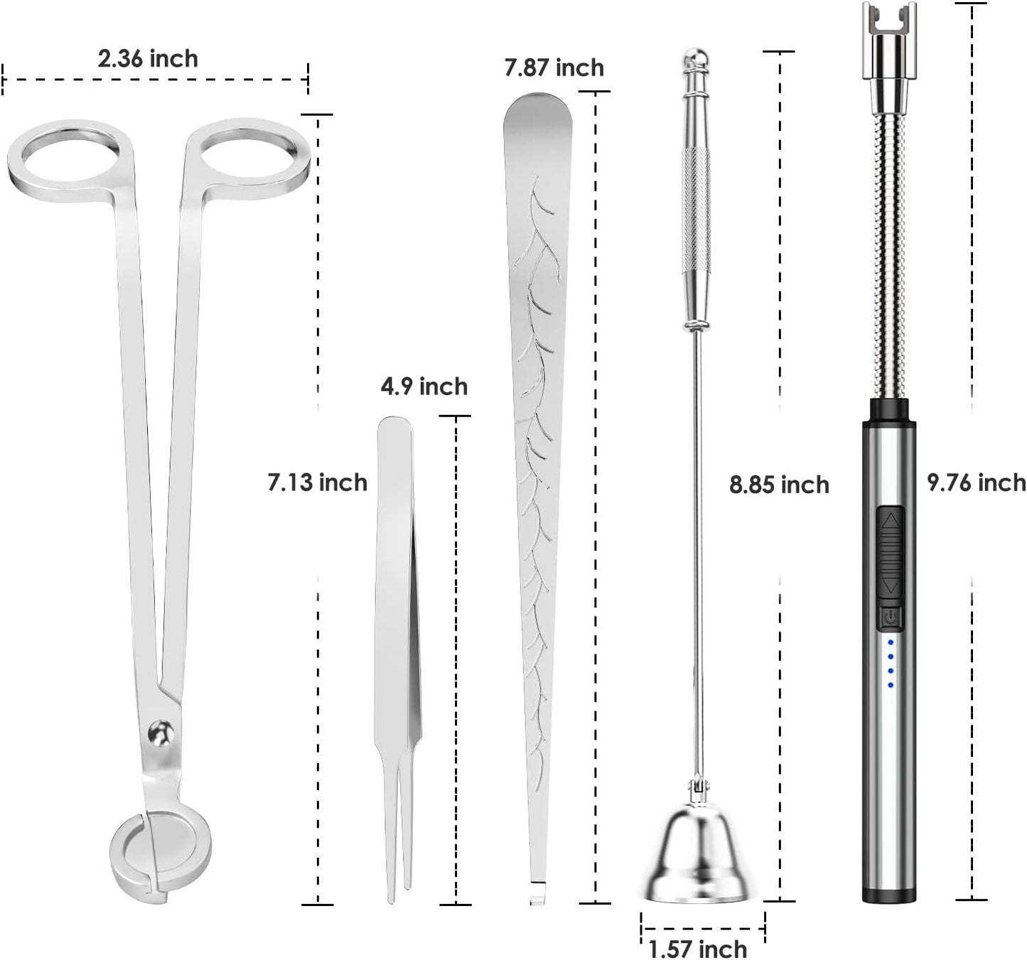 5 in 1 Candle Accessory Set,Candle Wick Trimmer Cutter,Candle Wick Dipper,Candle Wick Snuffer,Rechargeable Candle Lighter,Tweezers,Stainless Steel Candle Care Kit Home Gift for Aromatherapy(Silver)