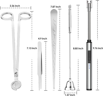 5 in 1 Candle Accessory Set,Candle Wick Trimmer Cutter,Candle Wick Dipper,Candle Wick Snuffer,Rechargeable Candle Lighter,Tweezers,Stainless Steel Candle Care Kit Home Gift for Aromatherapy(Silver)