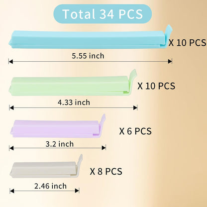 34 Packs Plastic Chip Clips for Food Storage - Resealable Sealing Clips in 4 Sizes (2.4"/3.2"/4.3"/5.5") - Light Colors