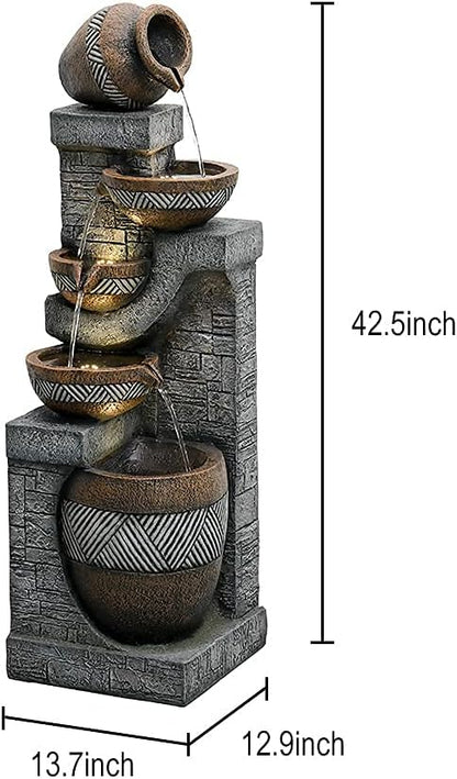 SunJet 5-Tiers Indoor/Outdoor Garden Water Fountain - 42.5inches Modern Floor-Standing Cascading Water Feature - Suitable for Deck, Patio, Porch, Yard Decor