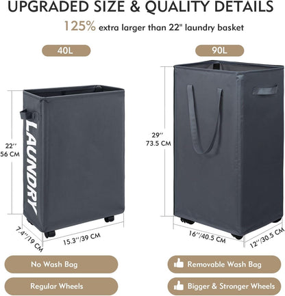 DOKEHOM 90L X-Large Laundry Basket with Removable Wash Bag on Wheels, Collapsible Rolling Laundry Hamper, Foldable Clothes Organizer, Folding Washing Bin (Grey)