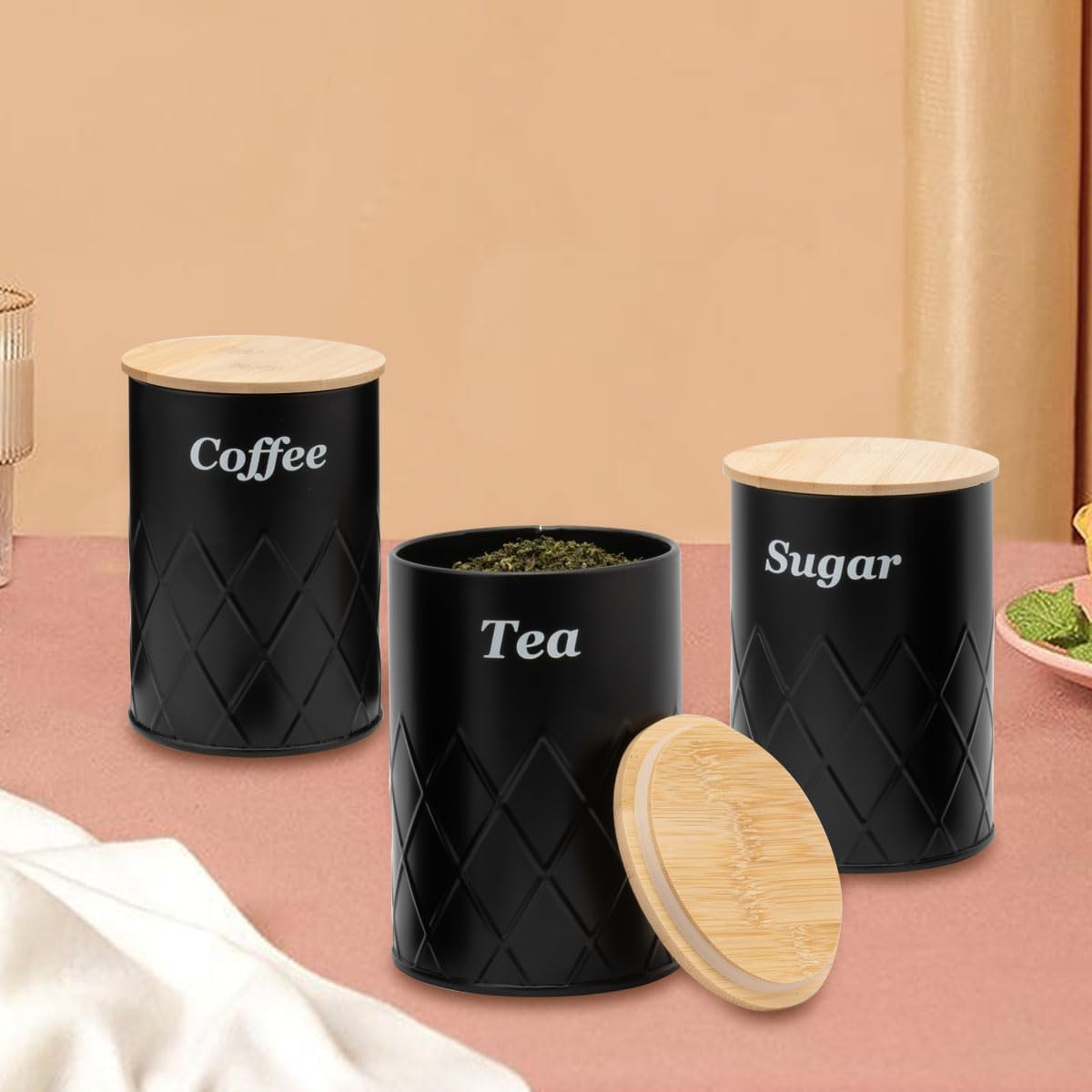 Black Canister Sets for Kitchen Counter,Tea coffee canisters,sugar container,3 Canisters,900ML/30.43OZ