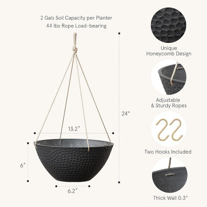 LA JOLIE MUSE Hanging Planters for Outdoor Plants, Large Hanging Planter with Drain Holes, Outdoor Hanging Flower Pots, Matte Black, Honeycomb (13.2 Inch, Set of 2)
