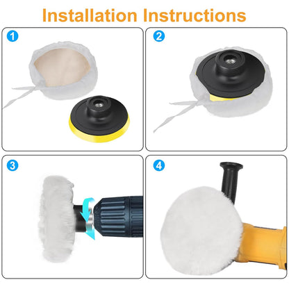 Linkstyle 6PCS 7 Inch Wool Buffing Pads Kit, Lambs Wool Polishing Bonnet Pads with Drawstring, Drill Buffer Polisher Attachment for Car Detailing, Furniture, Glass, Metal, DIY Polishing