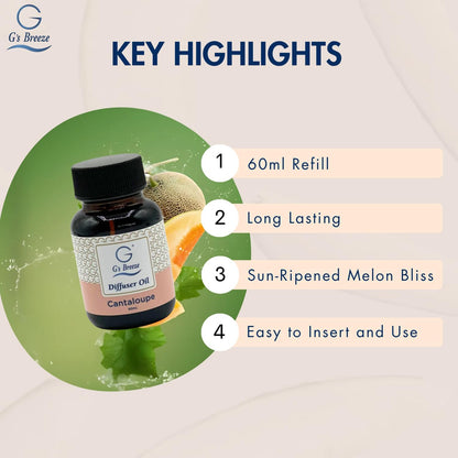 G's Breeze Cantaloupe Diffuser Oil Refill - Sweet, Refreshing & Juicy Scent of Ripe Cantaloupe - Uplifting Aroma, Fruity Spray for Home or Office - Energizing & Long-Lasting Fragrance - 60 ML