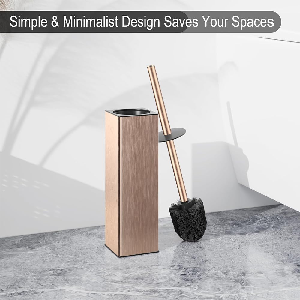 BGL Standing Toilet Brush and Holder Rose Gold Aluminium Toilet Bowl Cleaner Brush and Holder for Bathroom Storage and Organization, Square Design Sturdy and Space Saving