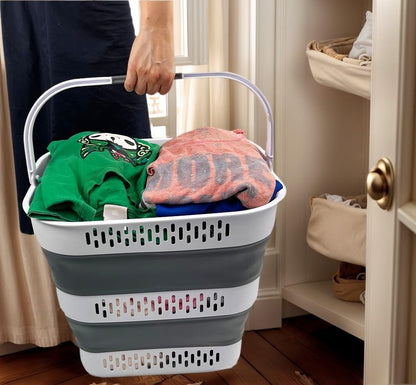 SAMMART 40L (10.5 Gallon) Collapsible Plastic Laundry Basket with Handles - Foldable Pop Up Storage Container/Organizer - Portable Laundry Hamper - Space Saving (1, White/Steel Grey)