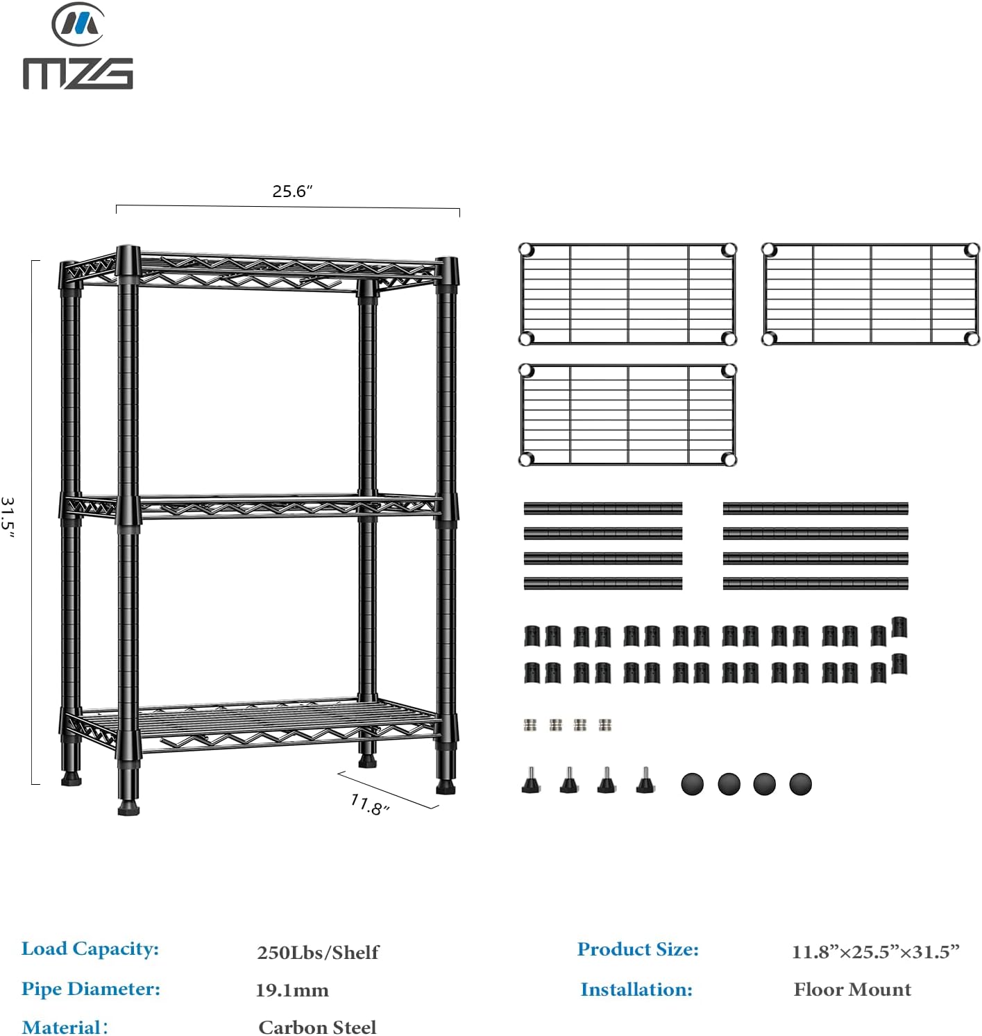 750 lbs 3 Tier Shelf Metal Storage Shelves Wire Rack Closet Organizers for Garage Kitchen Bathroom Laundry Black 11.8" D x 25.6" W x 31.5" H