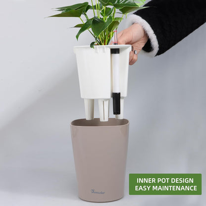 Dexceder 6x7 Self Watering Planter Indoor Outdoor, High Gloss Table Flower Plant Pot with Water Level Indicator (Taupe)