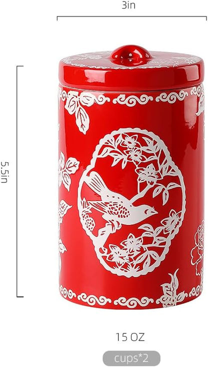 Porlien Bird Porcelain 15-ounce Canisters Set of 2, Food Storage Containers with Lid for Coffee Beans, Tea, Condiments & Nuts, Gifts for Mothers'Day