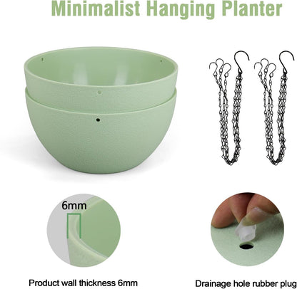 10 inch Hanging Planters Plant Pots for Indoor Outdoor Plants, 2 Pack Hanging Flower Pots with Drainage Holes and Chain for Garden Porch, Plastic Hanging Baskets for House Plants, Green