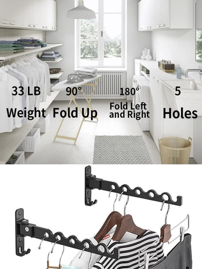 Dr.DJ Wall Hanger for Clothes, Coat Hanger Mounted Matte Black Retractable Clothes Drying Organizer Rack Garment Hooks Aluminium Folding Indoor Space Saver (2 Racks) Black