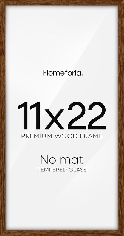 Homeforia 11x22 Newspaper Frame Brown, High End Dark Oak 11 x 22 Picture Frame Wood without Mat, 22x11 Wooden Walnut Poster Frames for Wall, 11 by 22 Display Frames, Tempered Glass, Wall Kit, Set of 1