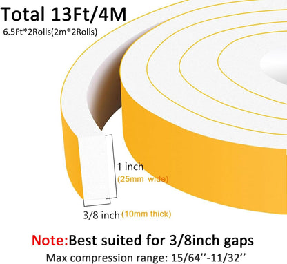 Strong Adhesive Foam Weather Stripping, High Density Door Insulation Strip，AC Window Insulation, Weather Stripping for Door Frame, Neoprene Window Insulation, White(1 in x 3/8 in x 13Ft)
