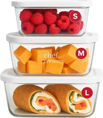 Chef Preserve Glass Vacuum Seal Containers for Food Storage, Made For Compact Vacuum Sealer, 3pcs set [1x Small, 1x Medium, 1x Large] Works With Handheld Vacuum Sealer Machine