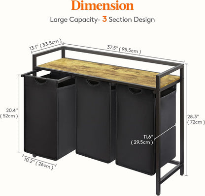 Lifewit Laundry Hamper 3 Section, 120L Pull out Laundry Clothes Basket Organizer with Large Top Shelf and 3 Removable Bags and Handles, Laundry Sorter for Laundry Room Bedroom Bathroom Dorm, Black