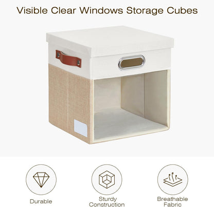 Fabric Storage Cubes with Clear Windows and Lids, 13'' Foldable Storage Bins with 3 Handles, Decorative Storage Boxes for Home, Bedroom, Closet, Office (Beige & White)