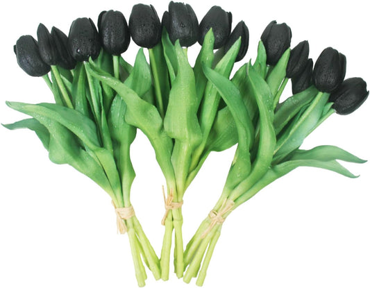 15pcs Artificial Tulips Flowers, Fake Tulips Real Touch, Faux Latex Tulips Bouquets, for Party Wedding Home Room Decoration (Black)