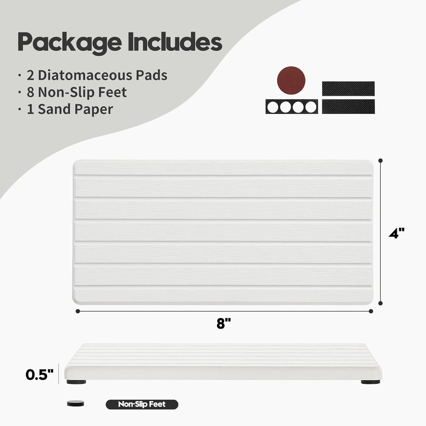 2PCS Water Absorbing Stone Drying Tray Mat For Bathroom Sink & Kitchen Counter Faucet Organizer Decor, Quick Dry Dish Soap Dispenser Sponge Holder, Vanity Sink Caddy Bar Coaster,White-8"*3.8"