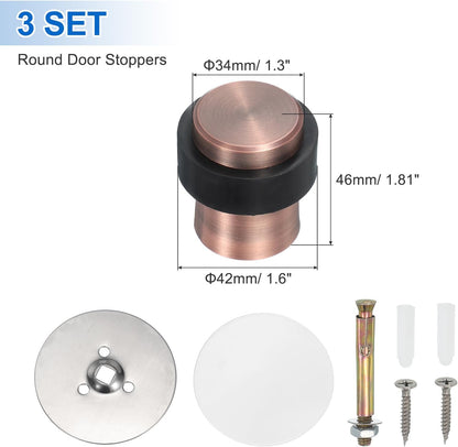 PATIKIL 3Set Round Door Stoppers, 46mm Stainless Steel Door Stop Doorstop Wedge Metal Cylinder Self Adhesive with Screw for Bottom of Door Floor Inside, Copper Tone