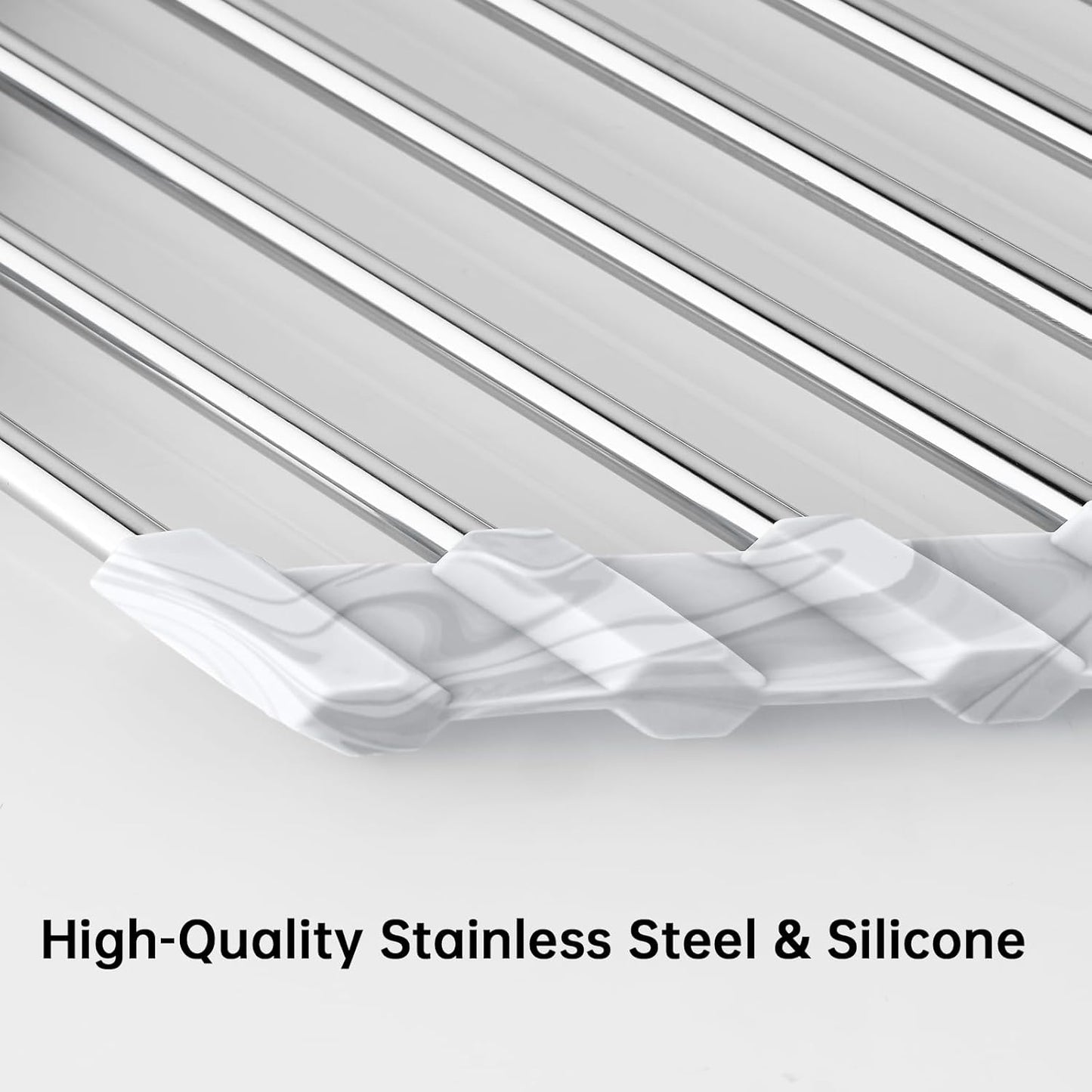 Tomorotec Marble Triangle Roll-Up Dish Drying Rack for Sink Corner - Small, Foldable, Stainless Steel, Multipurpose Kitchen Drainer Caddy, Trivet, Rustproof Organizer, Storage Shelf