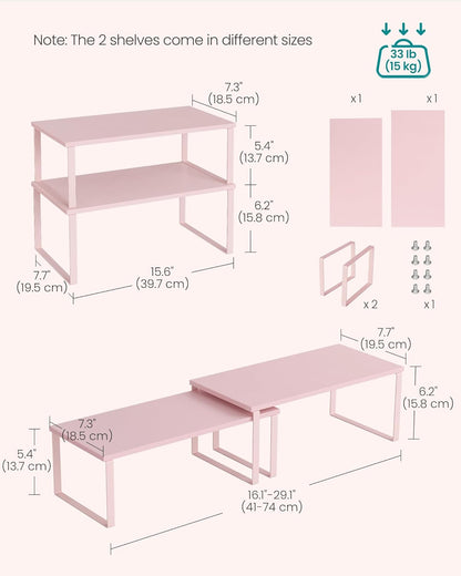 SONGMICS Cabinet Organizer Shelf, Set of 2 Kitchen Counter Shelves, Kitchen Storage, Spice Rack, Stackable, Expandable, Metal and Engineered Wood, Jelly Pink UKCS025S01