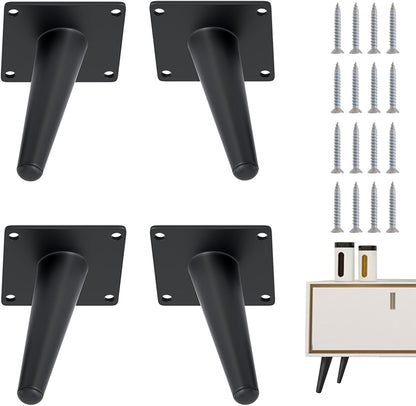 4PCS 4 Inch Matte Black Tapered Angled Legs for Furniture, Metal Mid Century Mordern Feet, Heavy Duty Slanted Stand Legs Kit for Couch, Coffee Table, Desk, Dresser, Sofa, Chair