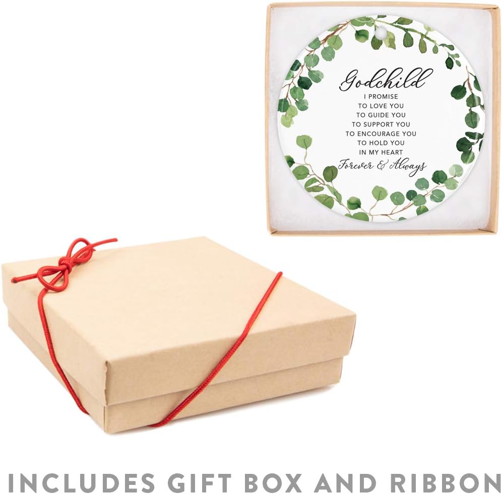 Andaz Press Round Ceramic Porcelain Christmas Tree Ornament Keepsake Collectible Gift, Godchild I Promise to Love You, Farmhouse Eucalyptus Wreath, 1-PackBaby Shower Baptism Christening Gift Ideas