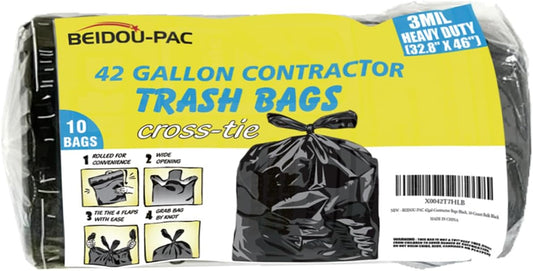 Contractor Heavy Duty Trash Bags 42 Gallon | 10 Count | 3 MIL | 32.8" X 46" | Large Black Flap Tie Construction Garbage Bags for Business Home Commercial, Industrial, Storage, Outdoor