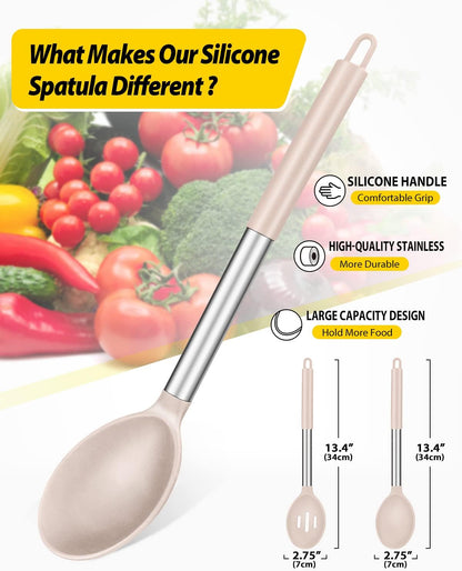 Pack of 2 Large Silicone Cooking Spoons,Non Stick Solid Basting Spoon,Heat-Resistant Kitchen Utensils for Mixing,Serving,Draining,Stirring (STAINLESS STEEL KHAKI)