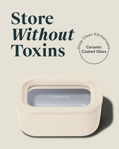 Caraway 2pc Glass Food Storage Set - 2.6 Cup Food Containers (2) - Non-Toxic Ceramic-Coated Glass - Air Release Technology - Compact & Stackable Design - Cream