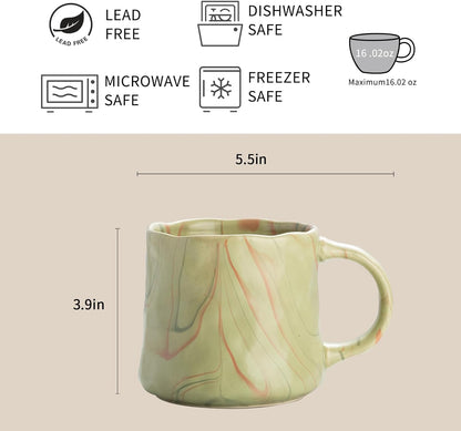 Abstract Art Ceramic Coffee Mugs Set - 2 Pack, Mint Green with Red and White Accents, Handcrafted Design for Modern Kitchen or Office