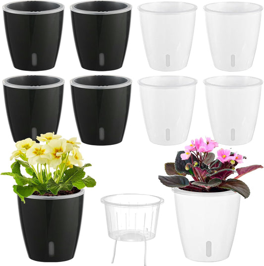 Self Watering Pots for Indoor Plants, 8-Pack 5'' Self Watering Planter with Drainage Holes, Small African Violet Pots with Water Level Indicator, Clear Wick Pot, White/Black
