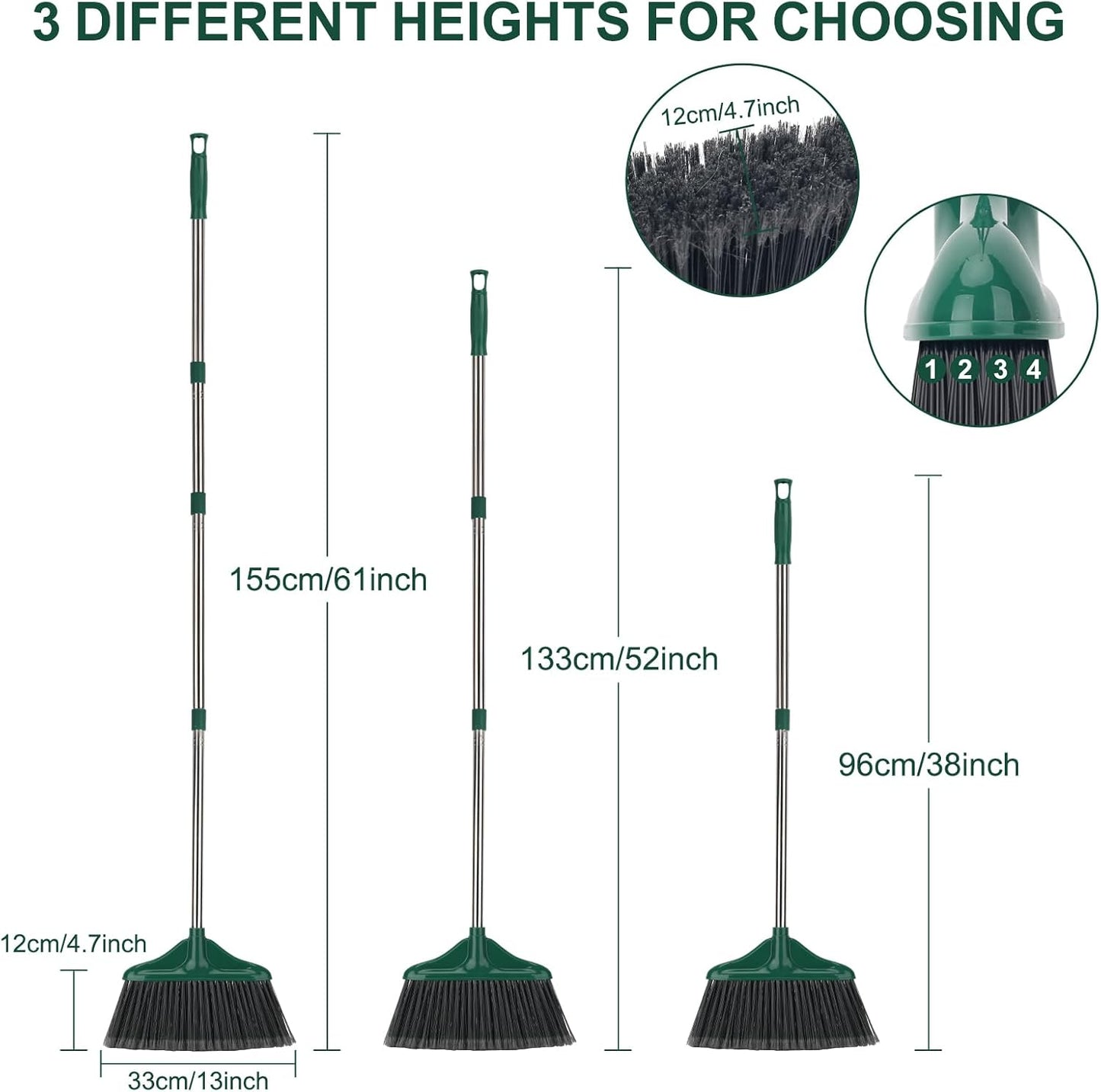 4 PCS Heavy Duty Broom Outdoor/Indoor Commercial Broom with 61" Long Handle,Perfect for Home Garage Kitchen Office Lobby Room Floor,Black and Green