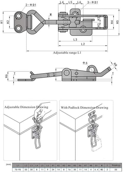Adjustable Latch Buckle Cabinet Boxes Lever Handle Toggle Catch Latch Lock,Silver,Adjustable Range:75-95mm,2 Pcs