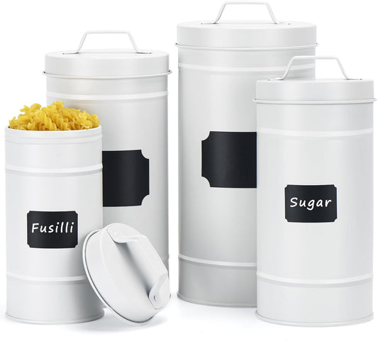 Farmhouse Canister Set for Kitchen Countertop, Airtight Nesting Kitchen Canisters Set of 4, Mental Flour Sugar Coffee Tea Storage Canister Jars, Vintage Country Design, White