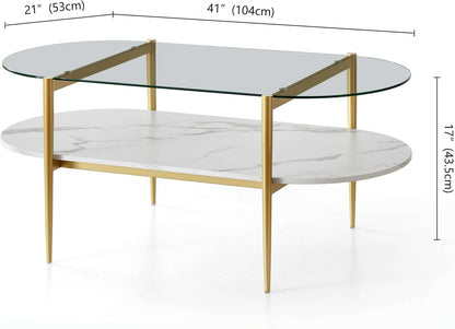 Oval Coffee Table, Mid-Century Modern Design, L41 x W21 x H17 inch, for Living Room, Clear Glass Top, White Marble Finish Wood Shelf & Gold Finish Frame