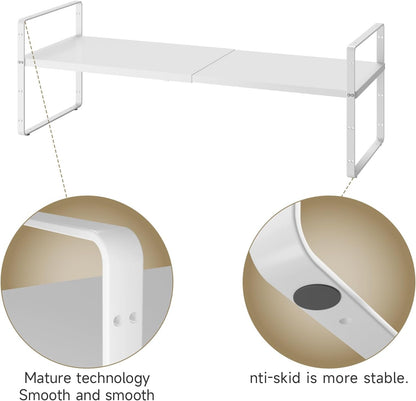 16.5~27.1" Expandable Shelf Organizer, 2Pack 10.2" Wide Stackable Cabinet Shelf Organizers, White Metal Sturdy Kitchen Counter Storage for Countertop, Adjustable Height Spice Rack